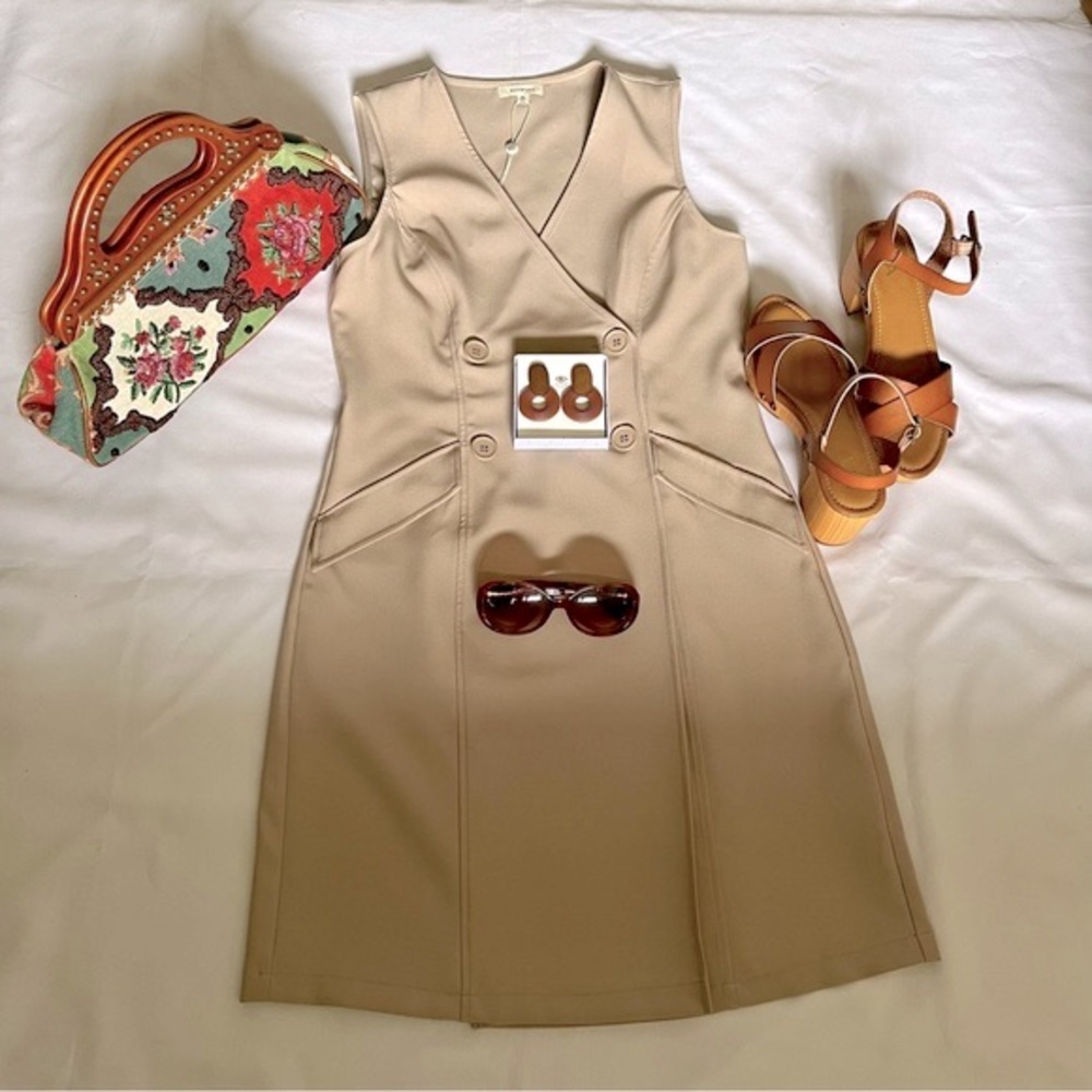 Max Studio Beige Sleeveless Double-Breasted Front Button Tuxedo Dress Size Med. - Picture 12 of 16
